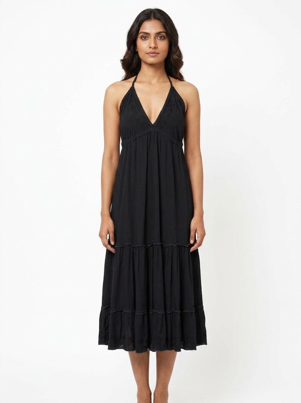 India Boutique Black Halter Midi Ruffle Dress Women Size One Size